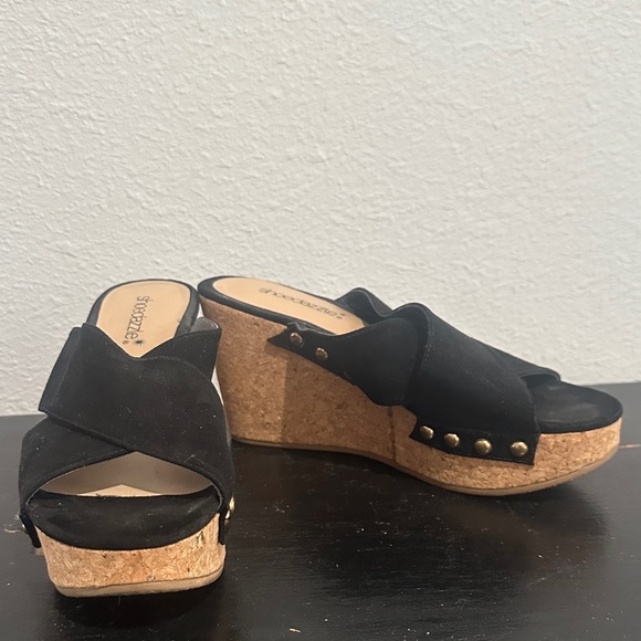 Shoe Dazzle Shoes - Shoe Dazzle Black Cork Wedge Slide Sandals with Stud Accents